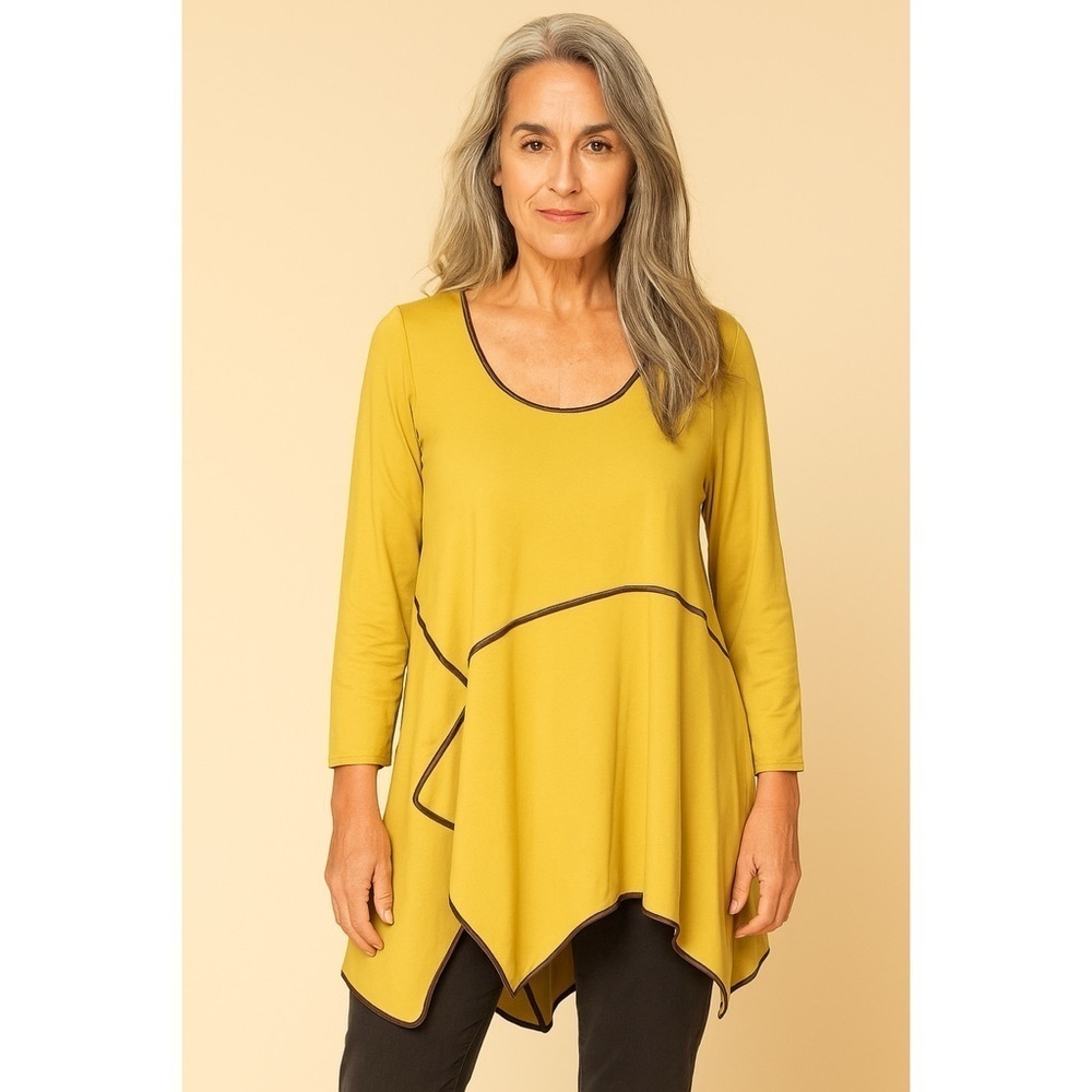 Cheyenne Art To Wear Silk Trim Asymmetrical Olive Green Tunic Lagenlook Top S/M